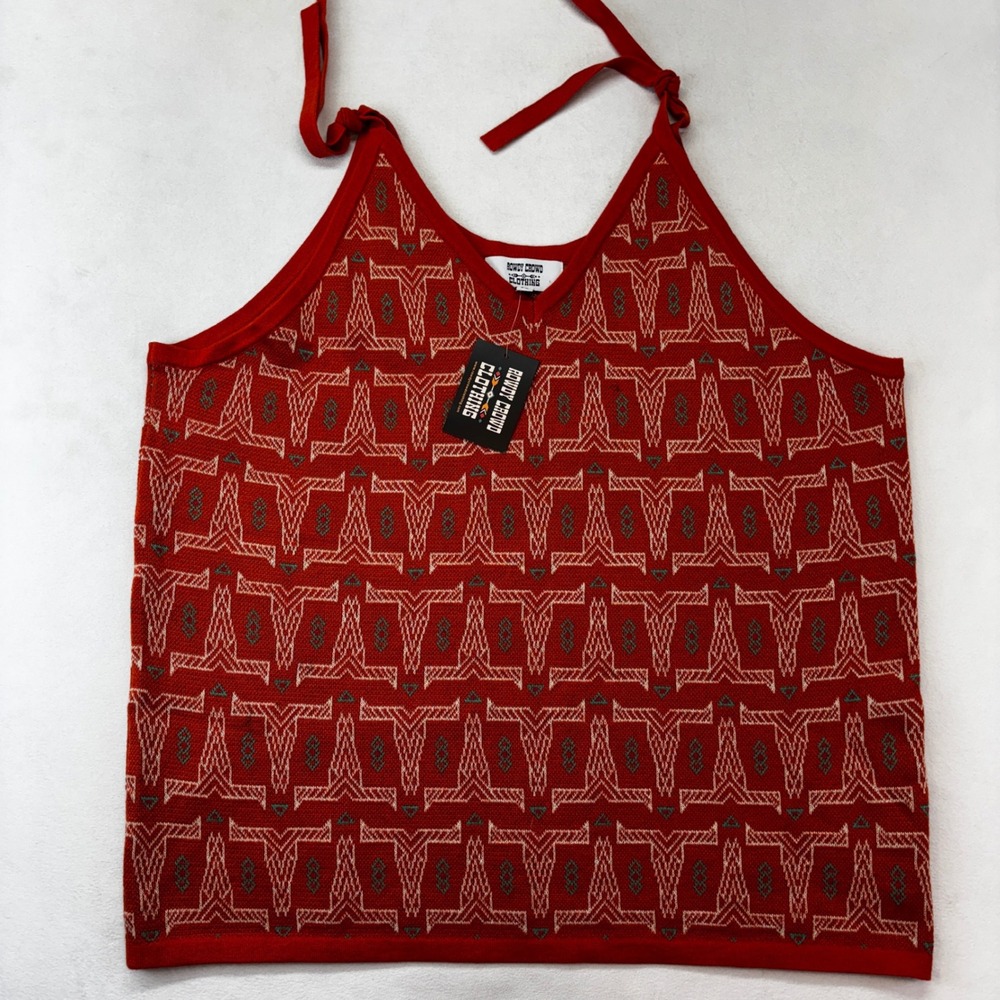 Rowdy Crowd Clothing Halter Top‎ Women 2X Red Geometric Longhorn Knit Tie Strap